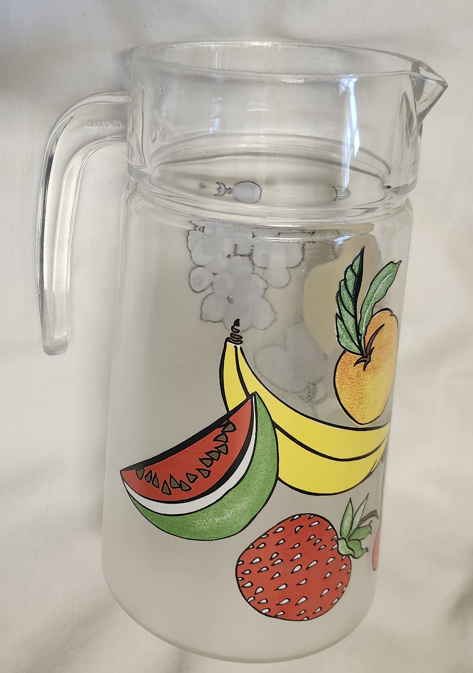 vintage frosted fruit pattern glass pitcher vintage frosted fruit pattern glass pitcher