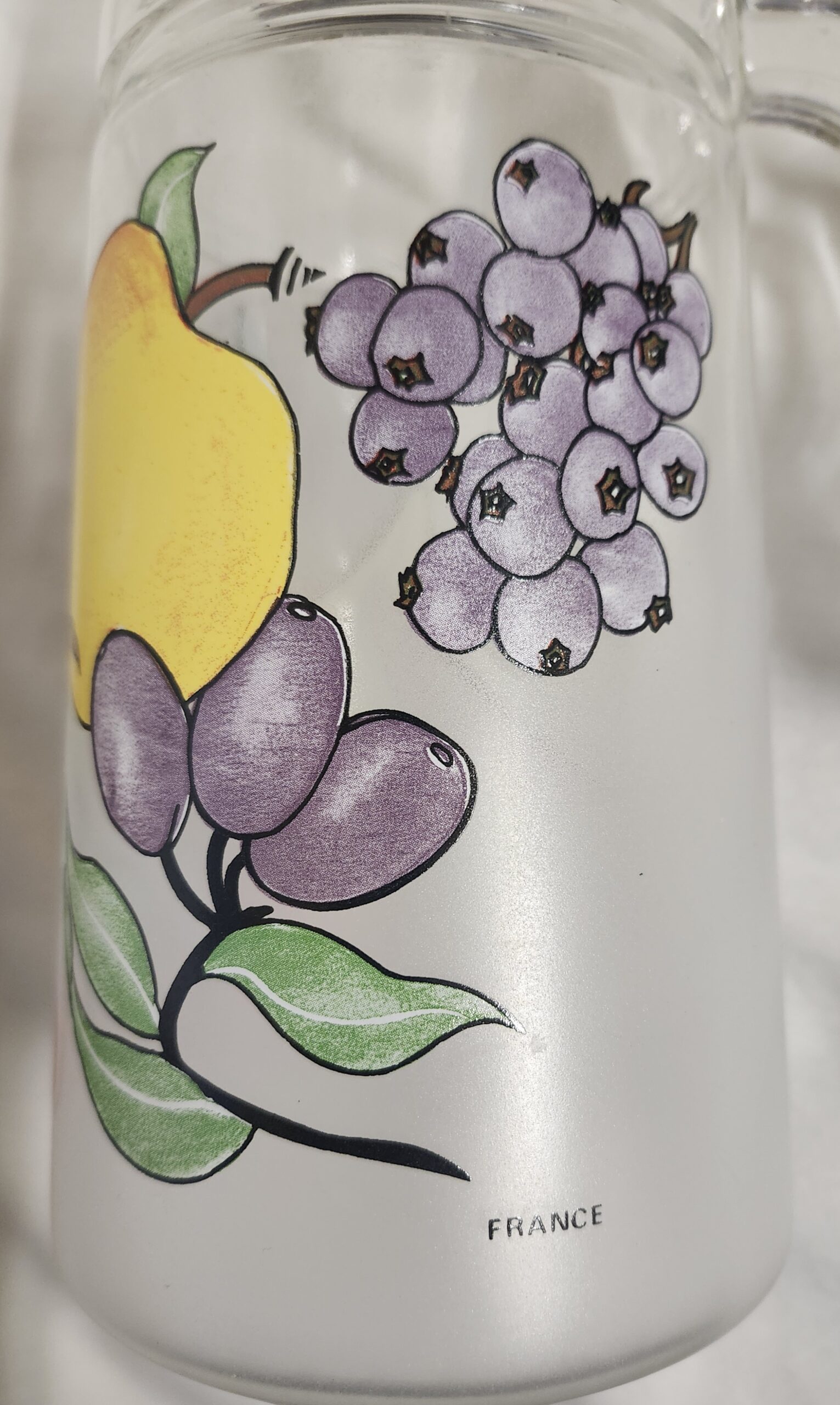 vintage frosted fruit pattern glass pitcher vintage frosted fruit pattern glass pitcher