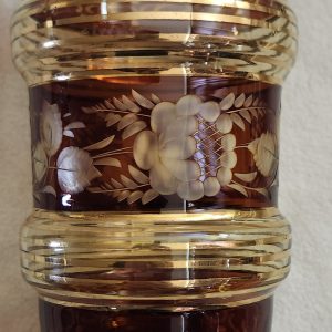 bohemian amber glass vase gold trim etched floral design.